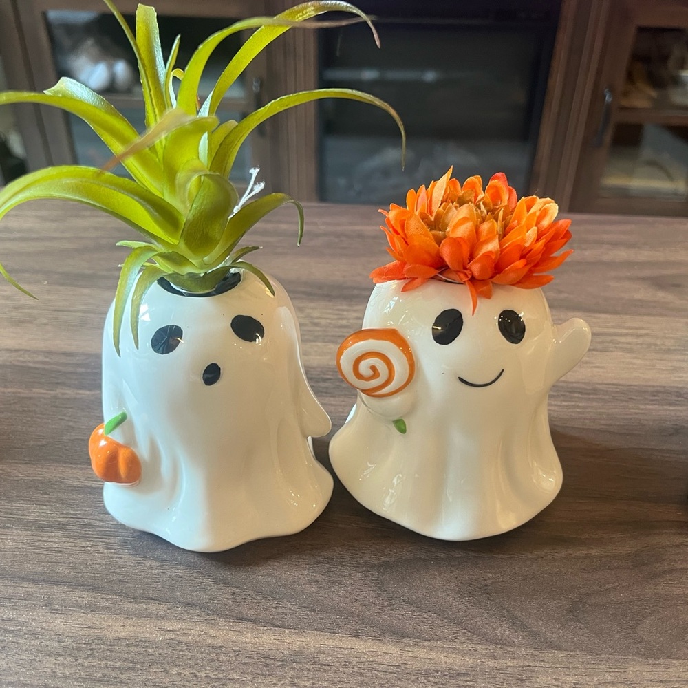 Ghost planters with fake succulent and flower